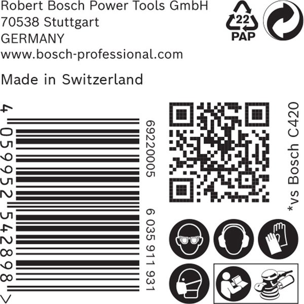 Verpackungsaufdruck mit Herstellerinformationen, Barcode, QR-Code und Sicherheitshinweisen