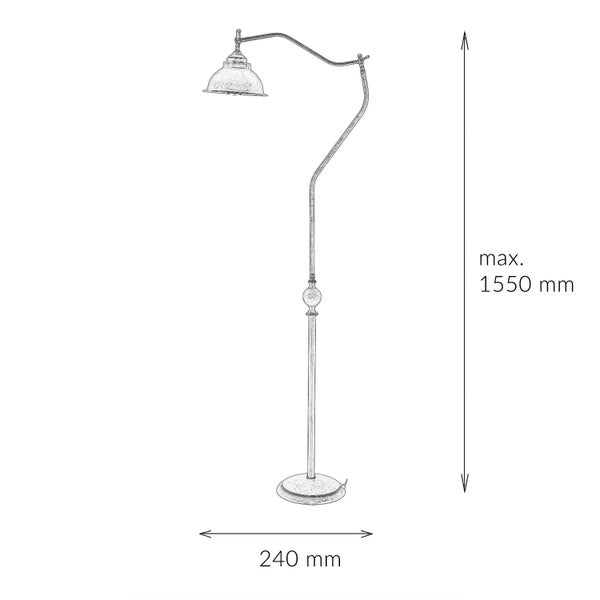 Abmessungen einer Stehlampe: maximale Höhe 1550 mm, Durchmesser des Lampenfußes 240 mm.