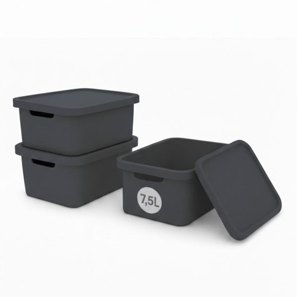 Drei Aufbewahrungsboxen aus Kunststoff mit Deckel, Fassungsvermögen 7,5 Liter