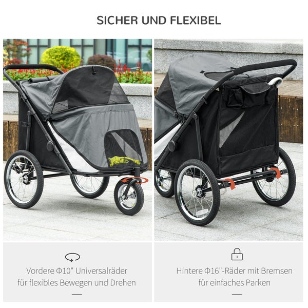 PawHut Hundewagen Hundebuggy mit Netzfenstern, Klappbarer Katzenwagen mit Sicherheitsleine, große Gummiräder für Mittelgroße, Große Hunde bis 30 kg, Oxford, Grau