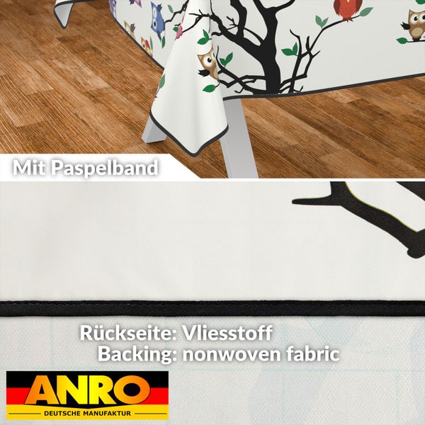Tischdecke mit Eulendekor und Paspelband sowie Rückseite aus Vliesstoff