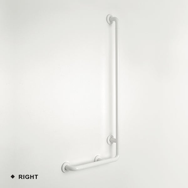 Weißer L-förmiger Wandhaltegriff für das Bad, rechte Ausführung.