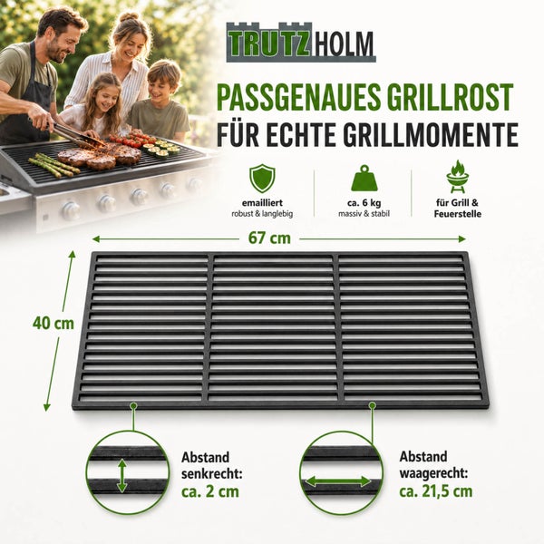 Trutzholm emailliertes Grillrost 67 mal 40 Zentimeter, massiv und stabil für Grill und Feuerstelle mit 2 Zentimeter sowie 21,5 Zentimeter Abstand.