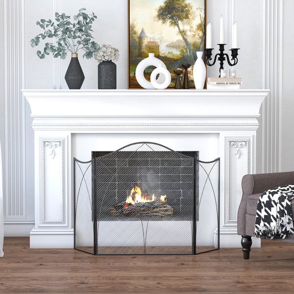 HOMCOM Kaminschutzgitter, Klappbares Kamingitter mit 3 Paneelen, Ofenschutzgitter, Funkenschutzgitter für Wohnzimmer, Metall, 126 x 76 cm, Schwarz