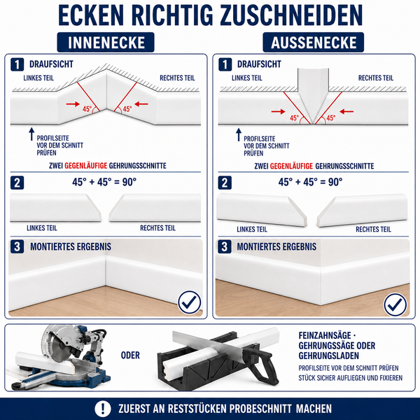 Anleitung zum Zuschneiden von Innenecken und Außenecken für Sockelleisten mit Gehrungsschnitten von jeweils 45 Grad mittels Kapp- oder Gehrungssäge.