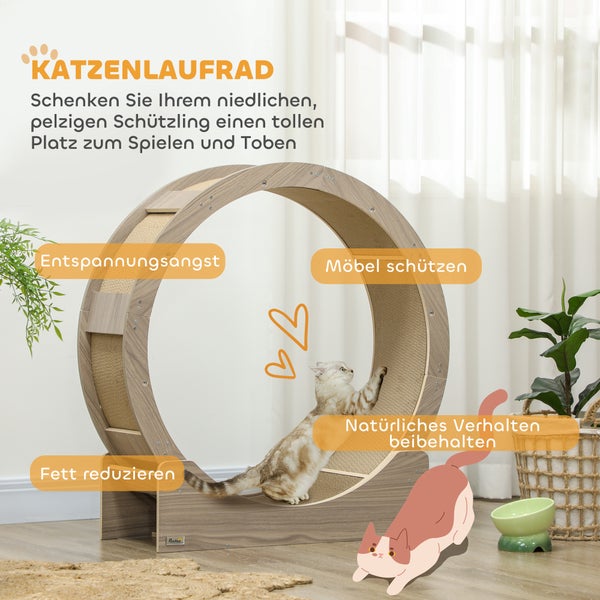 PawHut Katzenlaufrad Laufrad für Katzen 91 cm mit Bremse, Kratzbrett, Katzenrad für gesunde Bewegung, Entspannung, Walnuss