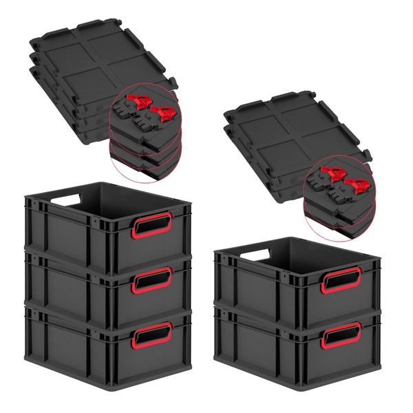 PROREGAL SuperSparSet 5x Eurobox NextGen Color mit Scharnierdeckel und Schiebeschnappverschlüssen, HxBxT 17x30x40cm, 16 Liter, Schwarz, Griffe rot offen, Eurobehälter, Transportbox, Transportbehälter, Stapelbehälter