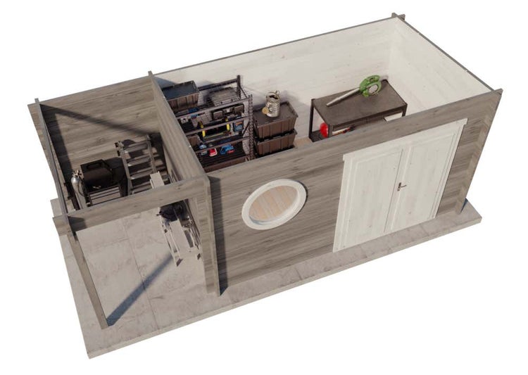 Illustration eines Gerätehauses mit Regalen, Werkbank und Gartengeräten