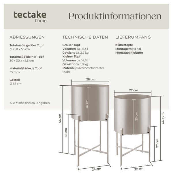 Produktinformationen zu zwei Pflanzgefäßen von tectake home mit Maßen und technischen Daten