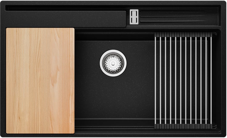 PRIMAGRAN Spülbecken Schwarz Metallic 88x53cm, Granitspüle 1 Becken + Ablauf-Set + Küchenzubehörset, Küchenspüle ab 90er Unterschrank - Oslo Pocket
