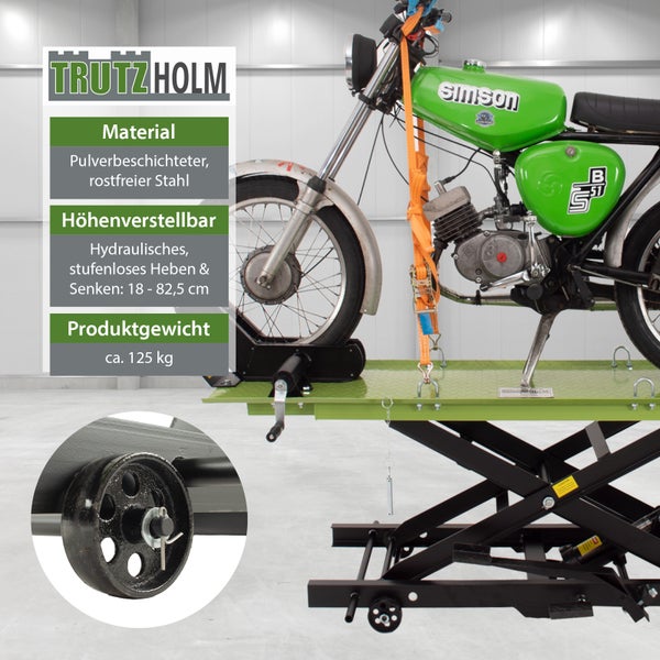 Motorrad auf einer Hebebühne aus pulverbeschichtetem, rostfreiem Stahl mit hydraulischer, stufenloser Höhenverstellung von 18 bis 82,5 cm. Das Produktgewicht beträgt circa 125 kg.