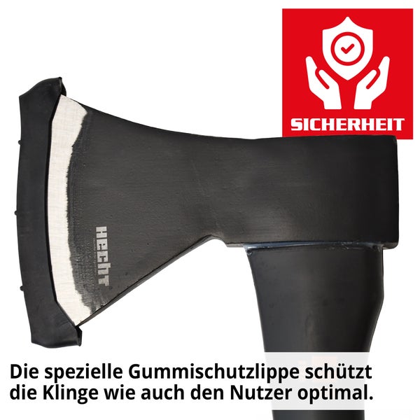 Hecht Axt Detailansicht mit Gummischutzlippe und Sicherheitssymbol