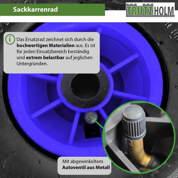 Trutzholm Sackkarrenrad mit hochwertiger Kunststofffelge und abgewinkeltem Metall Autoventil als belastbares Ersatzrad.