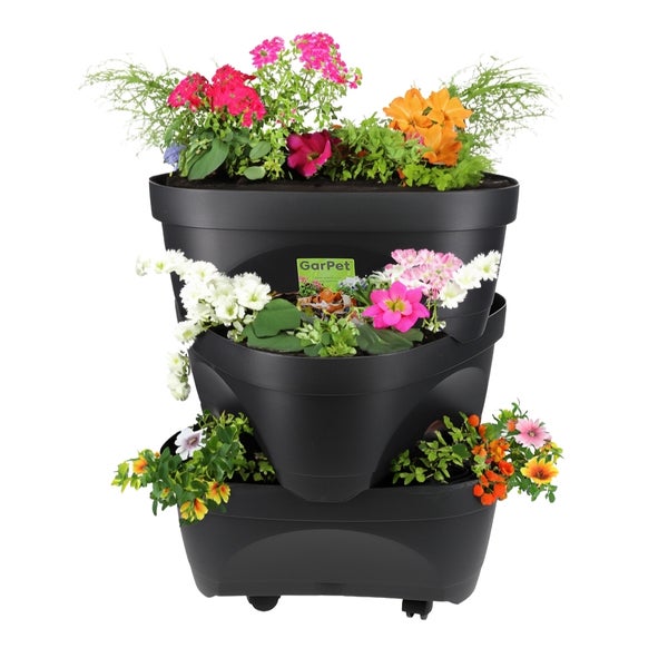 Erdbeertopf Pflanzturm Blumentopf Hoch Pflanzsäule Kräutertopf Balkon Pflanzkübel Anthrazit Kräuterturm Pflanztopf Outdoor Säulentopf SET 3 Ebenen Roller