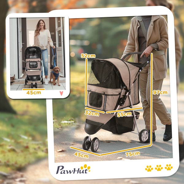PawHut Hundewagen, 75L x 45B x 97H cm, 600D Oxford, Nylon-Netzgitter, Kaffeebraun+Silber