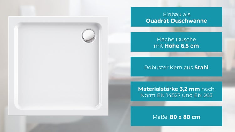 Calmwaters® - Modern Soft - Kleine Duschtasse aus Acryl-Kunststoff in 80 x 80 x 6,5 cm und 90 mm breitem Abfluss - 01SL2961