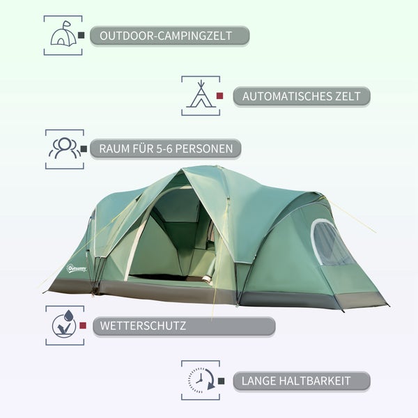 Outsunny Campingzelt, für 5-6 Personen, mit Heringen, 4,55 x 2,3 x 1,8 m, Polyester, Grün