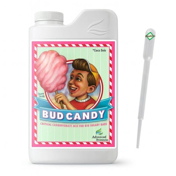 Bud Candy flüssiger Pflanzendünger in einer weißen Kunststoffflasche mit Pipette.