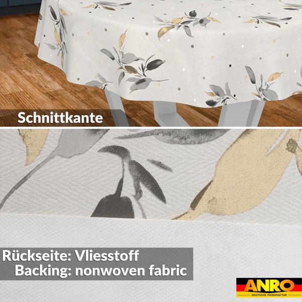Runde Tischdecke mit Blattmuster und Punkten, glatte Schnittkante und Rückseite aus Vliesstoff. ANRO Logo.