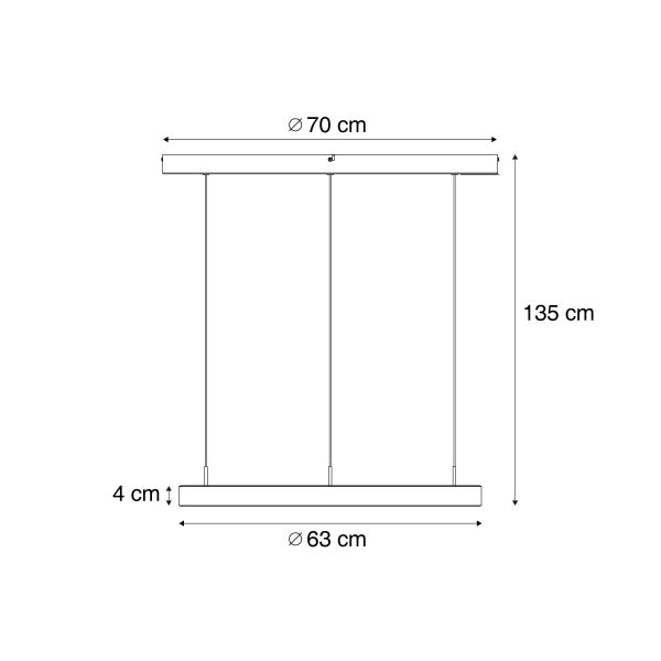Technische Zeichnung einer Hängeleuchte mit den Maßen 70 cm Durchmesser oben, 63 cm Durchmesser unten, 135 cm Höhe und 4 cm Dicke.
