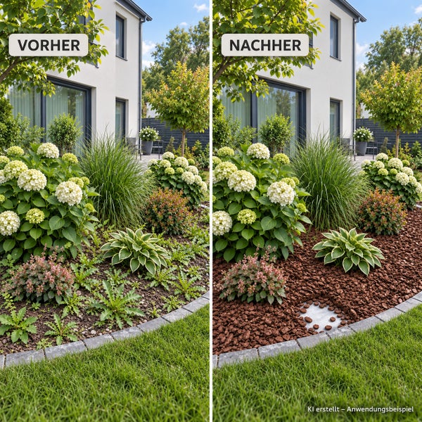 Vorher Nachher Vergleich einer Gartenbeet Gestaltung mit Rindenmulch Abdeckung zur Unkrautunterdrückung vor einem Wohnhaus.
