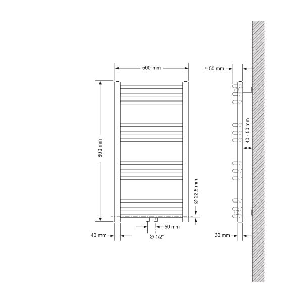 ECD Germany Badheizkörper Mittelanschluss 500 x 800 mm Chrom gebogen mit Anschlussgarnitur inkl. Thermostat Eck Wand Chrom - Heizkörper Heizung Handtuchwärmer Handtuchtrockner Handtuchheizkörper