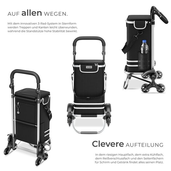 Einkaufstrolley mit drei Rädern und Kühlfach in verschiedenen Perspektiven