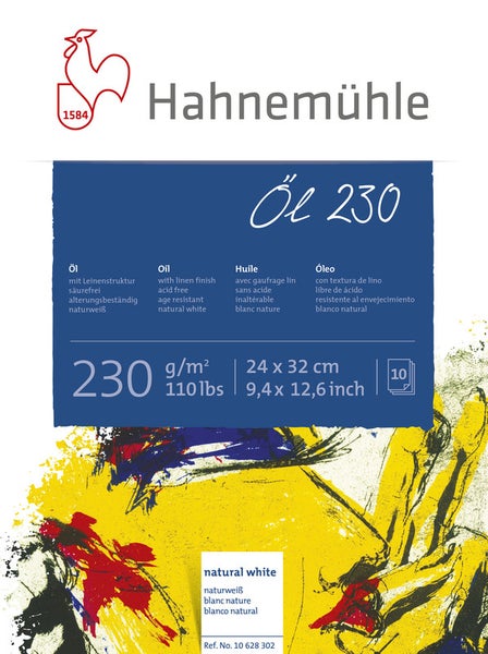Hahnemühle Öl 230 Ölmalblock, 230 Gramm pro Quadratmeter, 24 mal 32 Zentimeter, 10 Blatt, naturweiß mit Leinenstruktur.