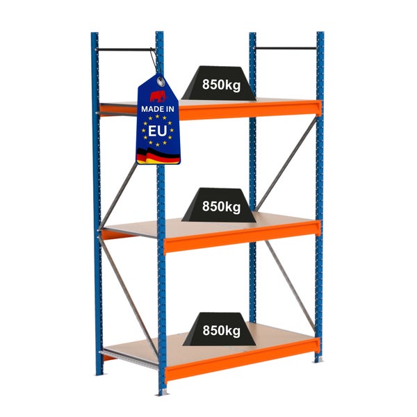 Lagerregal mit drei Ebenen und einer Traglast von 850 Kilogramm pro Ebene, Hergestellt in der EU Anhänger