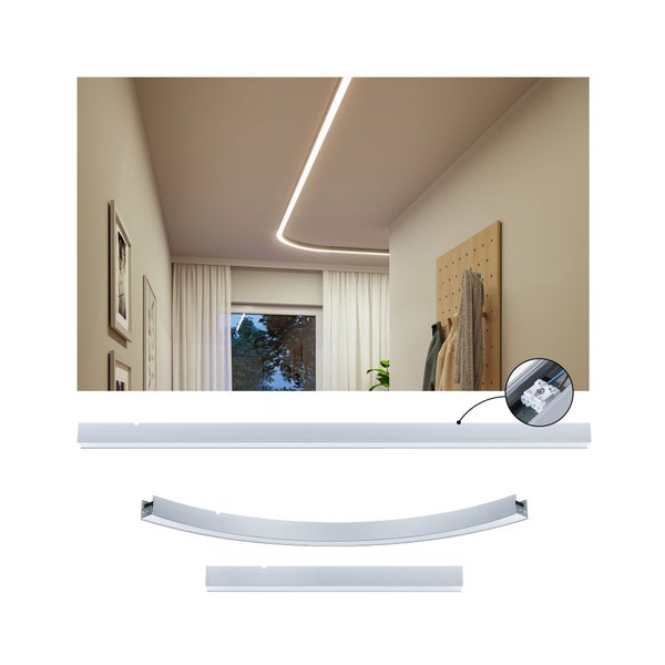 LED Profilsystem für indirekte Deckenbeleuchtung mit geraden und gebogenen Aluminiumprofilen inklusive Anschlussklemme für die Innenraumgestaltung