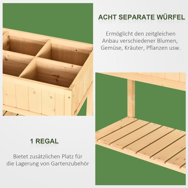 Hochbeet aus Holz mit Ablage und bepflanzten Fächern