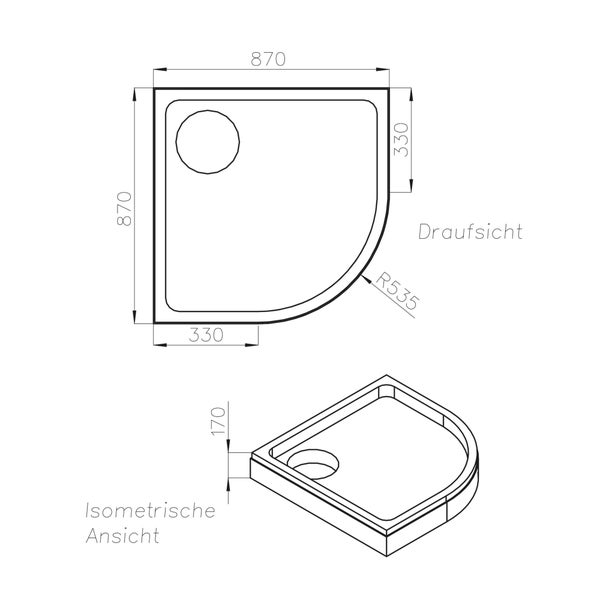 Technische Zeichnung einer quadratischen Duschwanne mit abgerundeter Ecke in den Maßen 870 mal 870 mal 170 Millimeter.