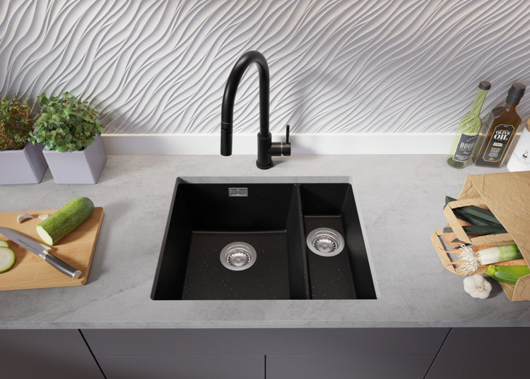 PRIMAGRAN Unterbauspüle Granit Schwarz Metallic 56x47cm, Spülbecken 1,5 Becken + Ablauf-Set, Granitspüle ab 60er Unterschrank - London Duo