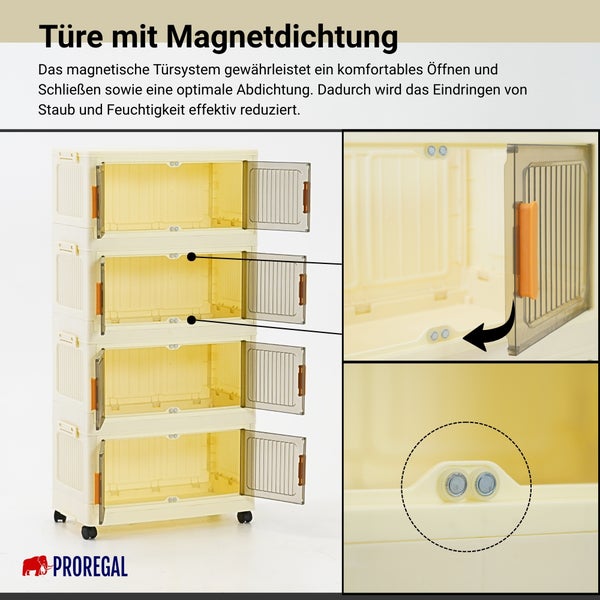 Stapelbares Aufbewahrungssystem mit vier Fächern und Türen mit Magnetdichtung zum Schutz vor Staub und Feuchtigkeit. PROREGAL Logo.