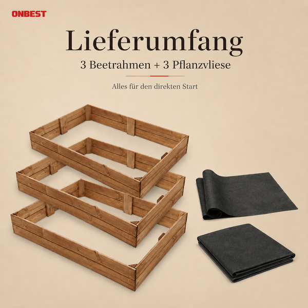 ONBEST Logo. Drei Beetrahmen aus Holz und drei Pflanzvliese für den direkten Start im Garten.
