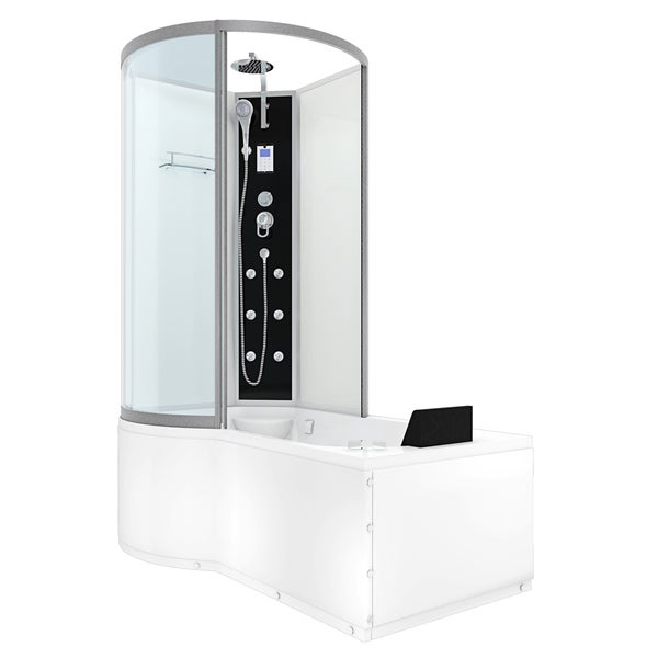 Komplettduschkabine und Badewannen Kombination mit integriertem Duschpaneel, Massagedüsen, Kopfbrause, Handbrause und Glasabtrennung.