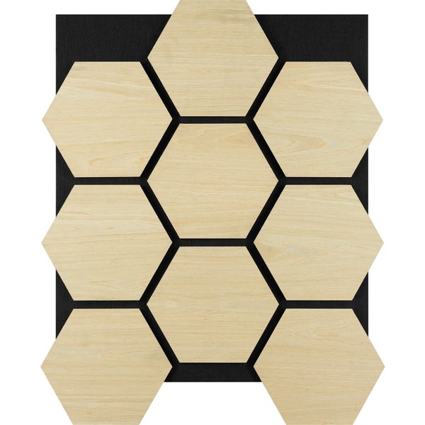 Akustikpaneel in Wabenform aus Holzfurnier auf Filzunterlage für die Wandmontage.