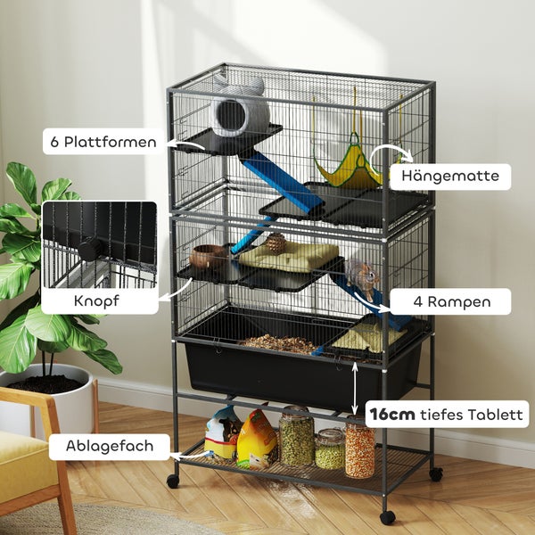 PawHut Kleintierkäfig, Nagerkäfig Frettchenkäfig mit ausziehbarem Tablett Mäusekäfig mit Rampen, Hängematte, Rollen, Ablage, Käfig mit Zubehör für Eichhörnchen, Zwerghamster, Chinchilla Dunkelgrau