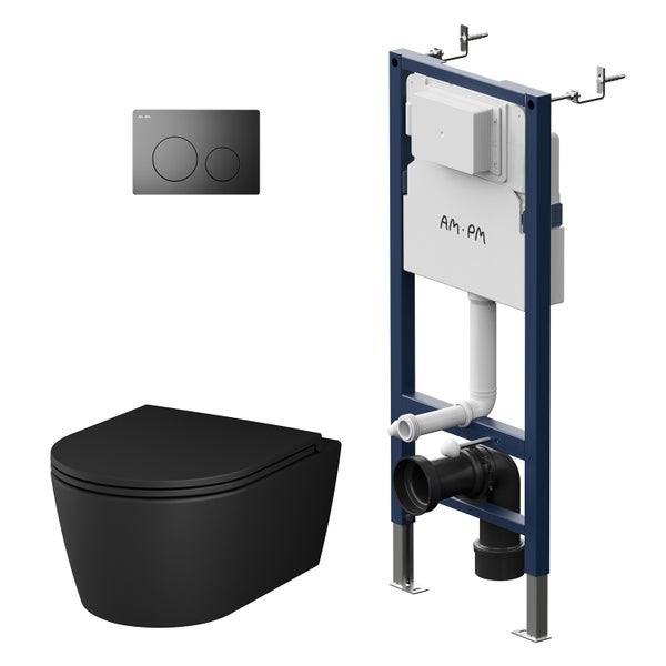 AM.PM Wand-WC Set Tiefspüler offener Spülrand schwarz mit WC-Sitz , Vorwandelement und Betätigungsplatte schwarz IIS90138.FA1700MB