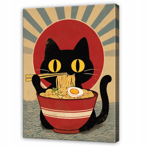 Wandbild mit Motiv einer Katze, die Ramen isst, im japanischen Vintage Stil auf Leinwand.