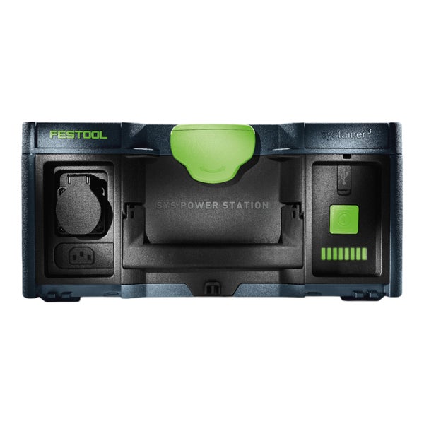 Festool SYS-PowerStation in einem Systainer3 mit Steckdose, USB-Anschluss und Ladestandsanzeige.