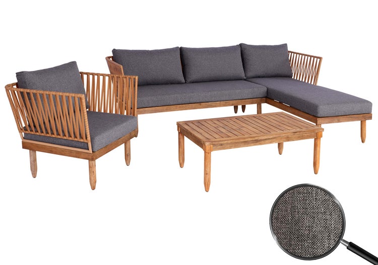 Garten-Lounge-Set aus Holz mit Seilbespannung, grauen Polstern, Ecksofa, Sessel und Couchtisch. Detailansicht der Stoffstruktur.