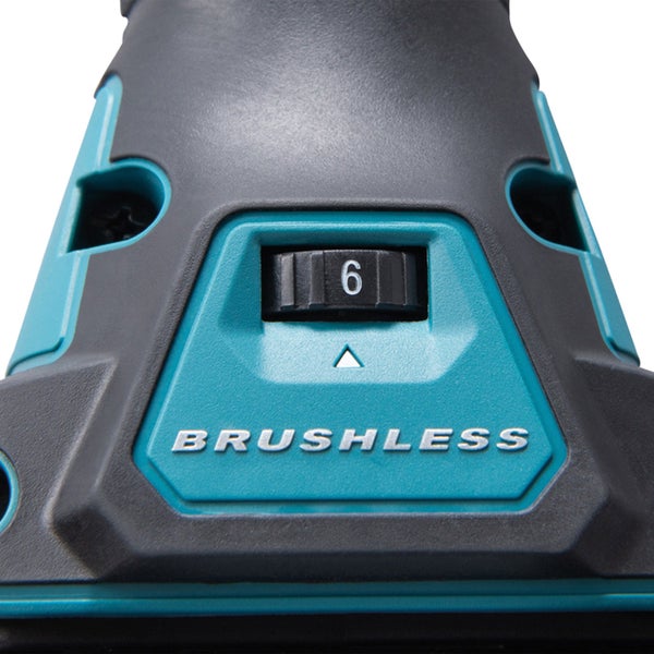 Detailaufnahme einer Bohrmaschine mit Brushless-Technologie und Geschwindigkeitsregler auf Stufe 6.