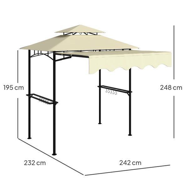 Grillpavillon mit Doppeldach, Seitenablagen und Markise. Breite 242 Zentimeter, Tiefe 232 Zentimeter, Höhe 248 Zentimeter.