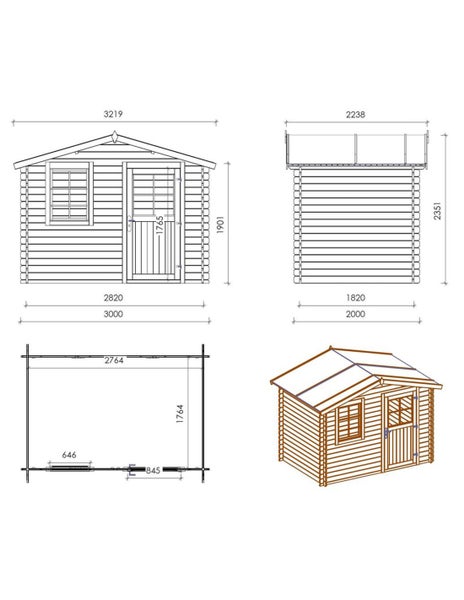 Technische Zeichnung mit Maßangaben eines Gartenhauses aus Holz inklusive Vorderansicht, Seitenansicht, Grundriss und perspektivischer Darstellung.