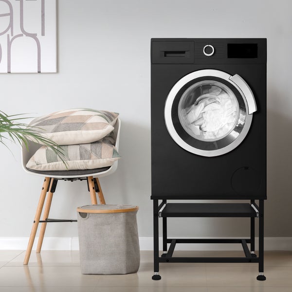 ML-Design Waschmaschinen-Untergestell mit ausziehbarer Ablage, Schwarz, 62,5x53,5x45 cm, aus Stahl, bis 150kg, höhenverstellbaren Füße, Waschmaschinensockel Trocknersockel Podest Unterschrank Erhöhung