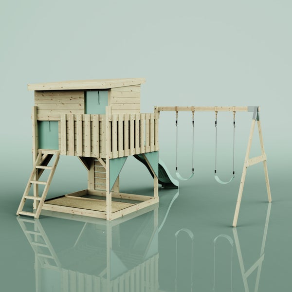 Stelzenhaus aus Holz mit Rutsche, zwei Schaukeln, Leiter und integriertem Sandkasten für den Garten.