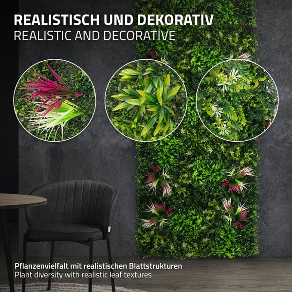 Künstliche Pflanzenwand als vertikale Dekoration mit realistischen Blattstrukturen und abwechslungsreicher Bepflanzung für den Innenbereich.