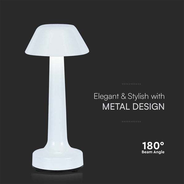 Weiße Tischleuchte mit Metallfuß und 180 Grad Abstrahlwinkel