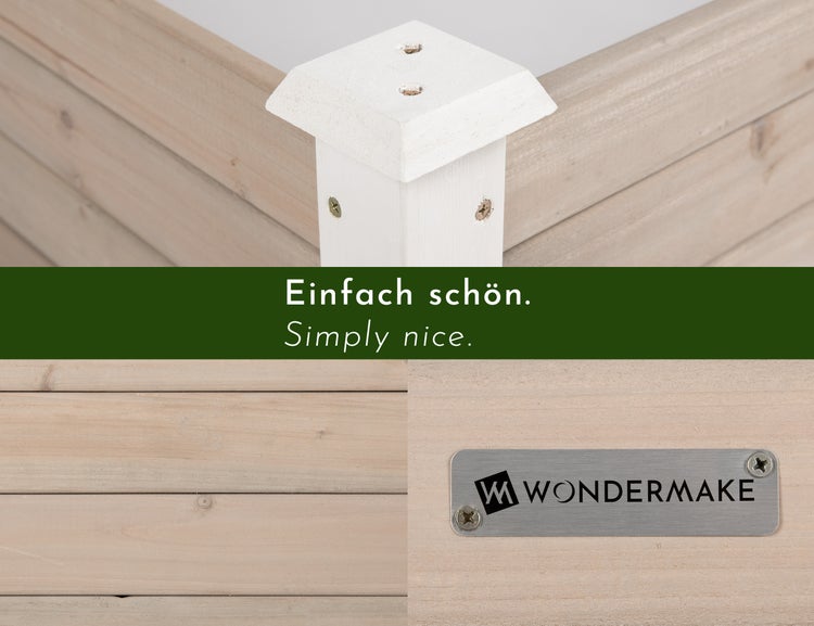 WONDERMAKE - Große Hochbeet-Umrandung aus Holz für Garten Terrasse, Pflanzbeet Bausatz XL quadratisch, Blumenbeet Kräuterbeet Beetumrandung niedrig deko, 120 x 120 x 26,5 cm, weiß grau anthrazit